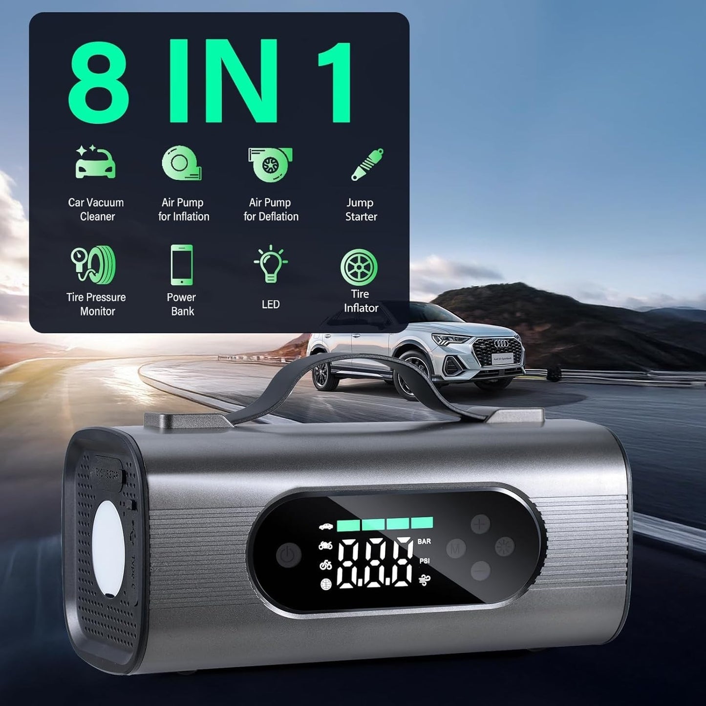 8-in-1 Portable Car Battery Starter With Air Compressor