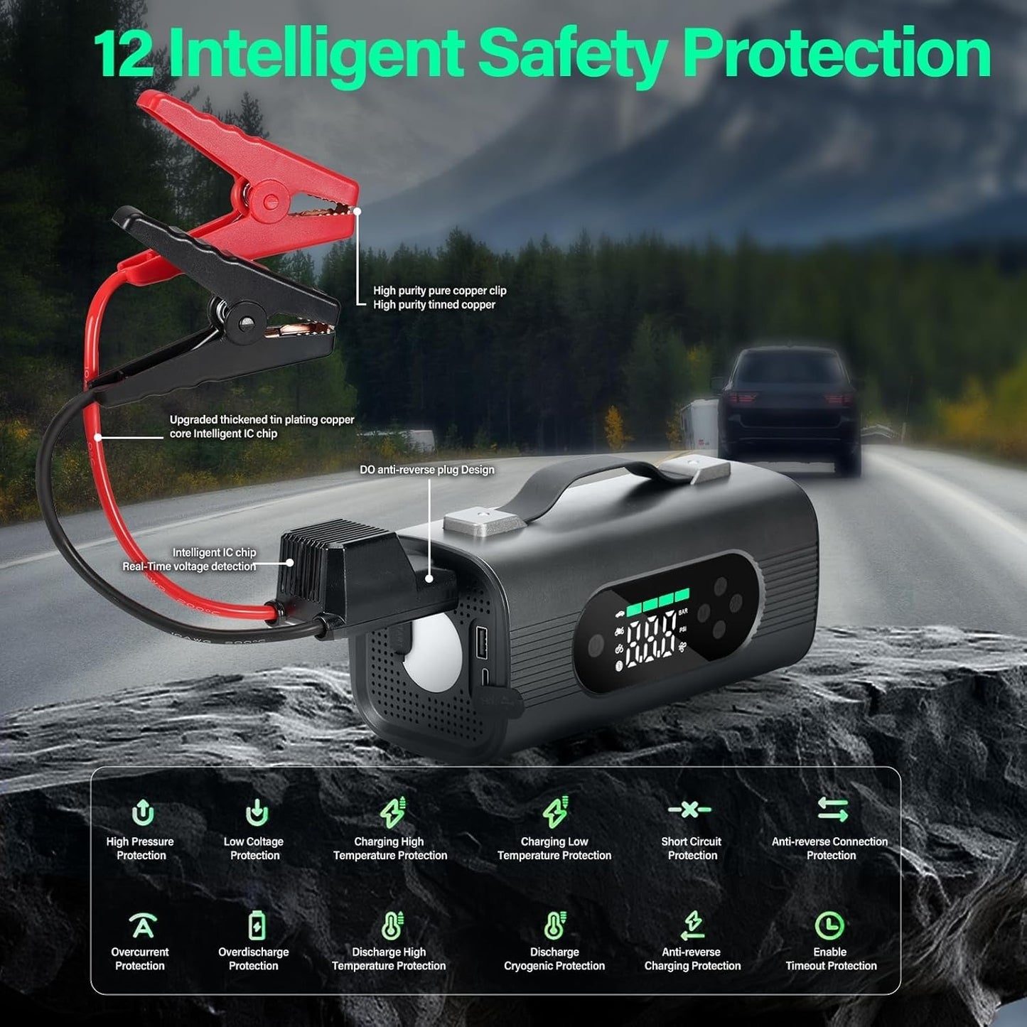 8-in-1 Portable Car Battery Starter With Air Compressor