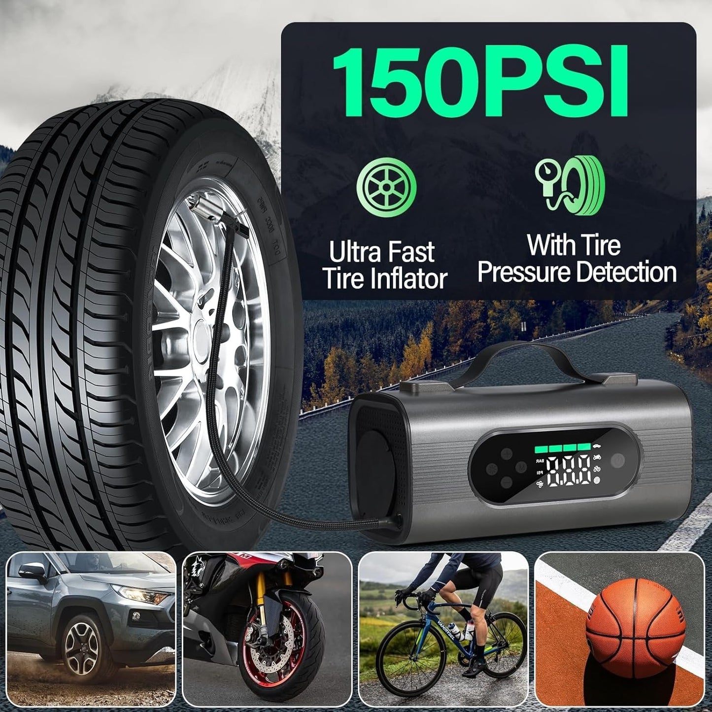 8-in-1 Portable Car Battery Starter With Air Compressor